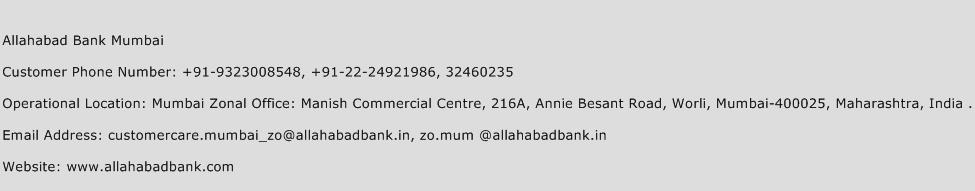 Allahabad Bank Mumbai Phone Number Customer Service