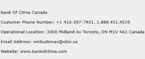 Bank Of China Canada Phone Number Customer Service