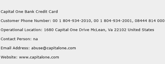 Capital One Bank Credit Card Phone Number Customer Service
