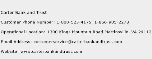 Carter Bank and Trust Phone Number Customer Service