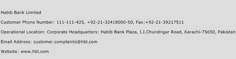 Habib Bank Limited Phone Number Customer Service